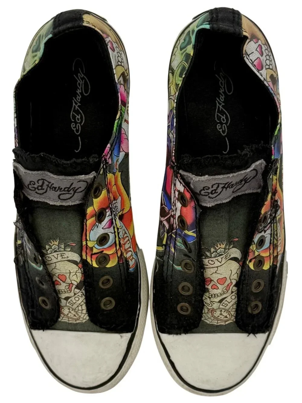 VTG Ed Hardy Black Tattoo Print Canvas Sneakers 8 | Y2K Skater Grunge Streetwear
